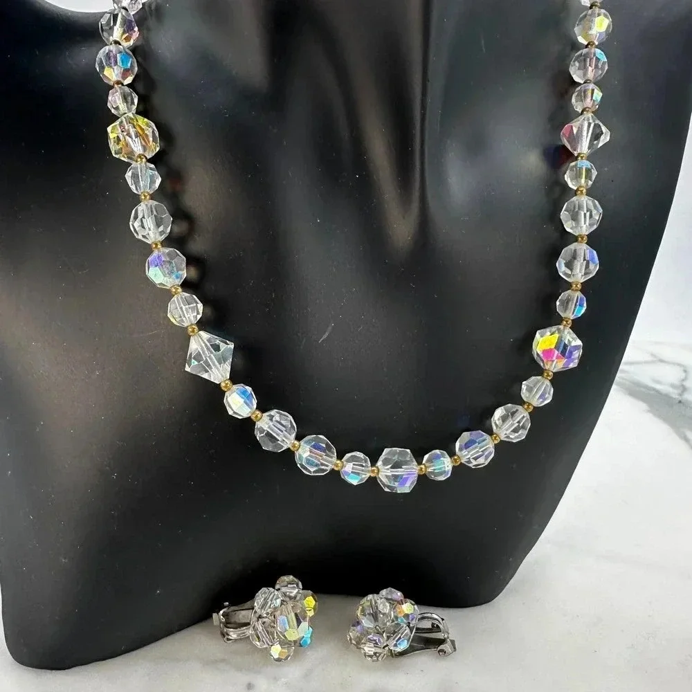 Vintage Crystal Aurora Borealis Necklace  Matching Clip On Earrings Set …